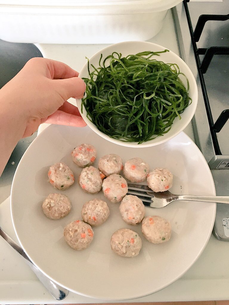 My new quick go-to meal - seafood meatballs and seaweed salad!